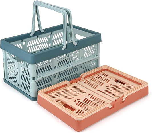 Domiella 2-Pack Foldable Storage Baskets, Collapsible PP Crates with Handles - 20L Capacity, Strong and Portable for Home Organization, Picnic and Shopping, Blue + Pink