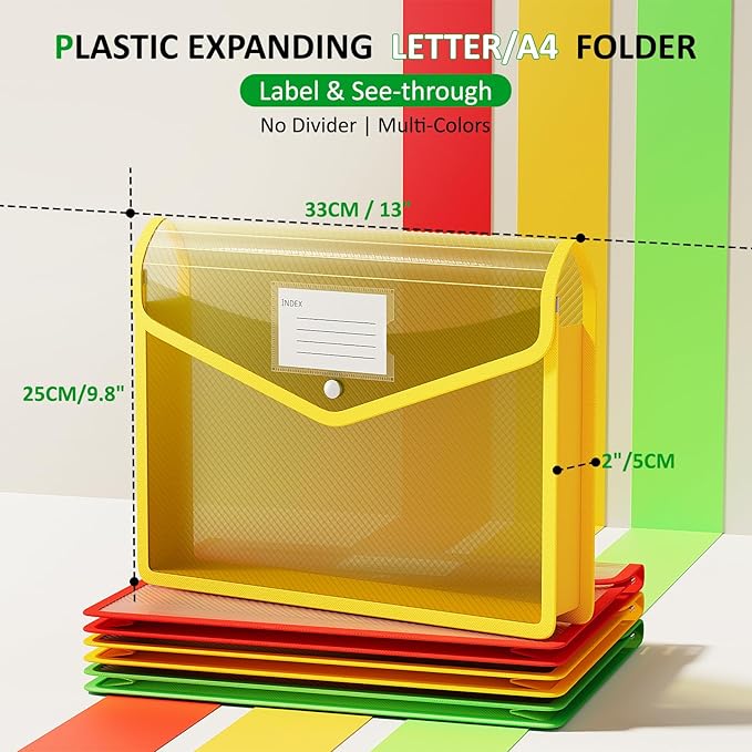 ThinkTex Plastic Expanding File Folders, Transparent Envelopes with Snap Closure, No Dividers, Large Capacity, Document Organizer for Bills & Taxes, Letter/A4 Size for School, Office, Home - 3 Pack