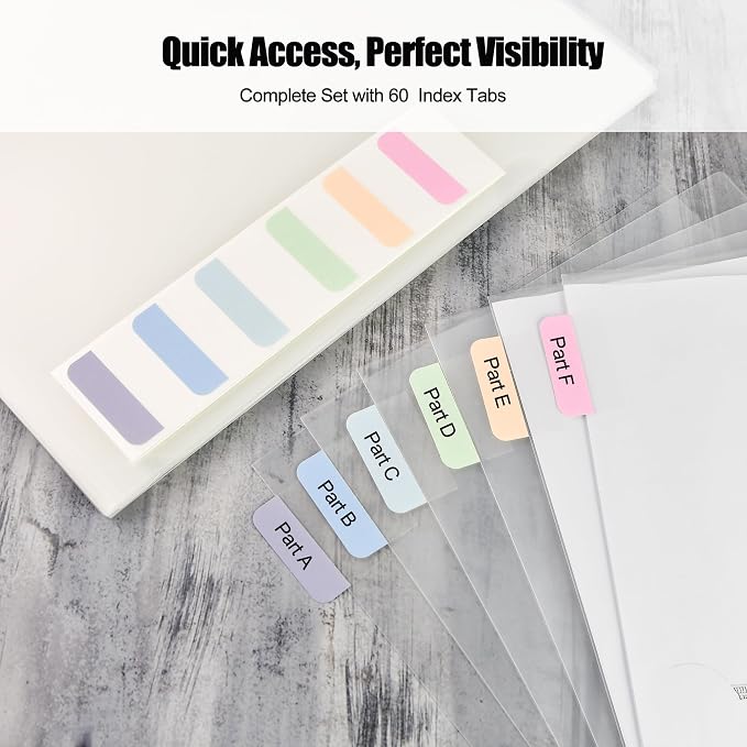60 Pcs Heavy-Duty L-Shaped Document Folders, Clear Plastic Sleeves with 60 Tabs for Enhanced Durability, Holds US Letter & A4 Paper for School & Office
