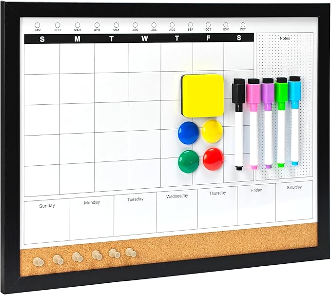 Dry Erase Calendar Whiteboard for Wall, 4-in-1 Magnetic Monthly Whiteboard with Wooden Framed, 17" x 13", Reusable Monthly Combination Planner Board for Home, Office, Classroom