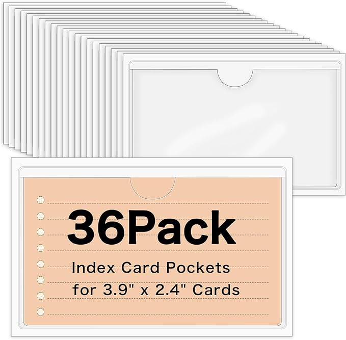 36 Pack Adhesive 2.4" x 3.9" Index Card Pockets with Top Open for Loading, Clear Plastic Labels Holders for Organizing, Storage Bins, Library Card, Totes, Shelves