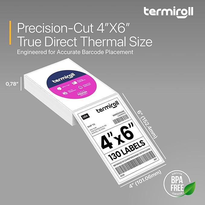 4x6 Thermal Labels, Shipping Stickers 130 Labels/Fanfold Perforated, Compatible with Rollo, Zebra, iDPRT, Munbyn & More Direct Thermal Printers, Strong Adhesive for Small & Medium Business
