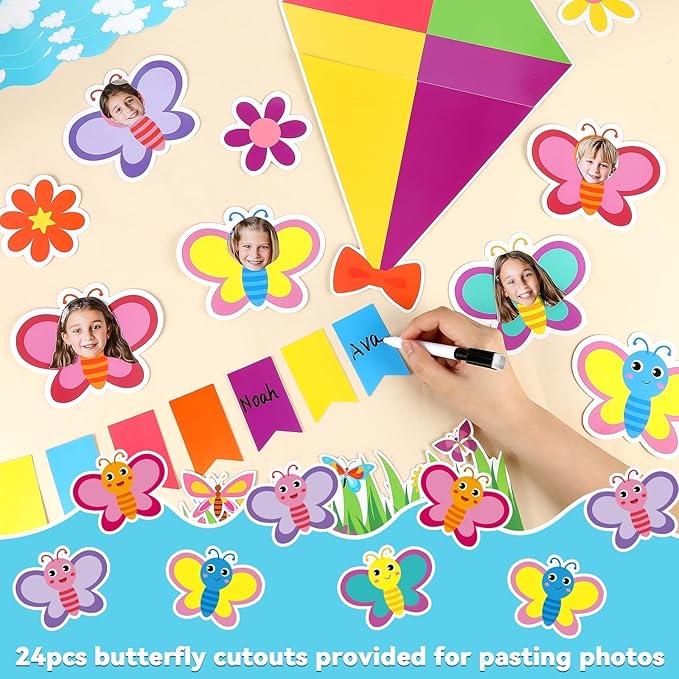 Butterfly Kite Bulletin Board Set DIY Photo Name Tags Back to School Paper Cutouts Colorful Flower Classroom Decorations for Motivational Nursery Wall Decor(Flying Into A Learning Adventure)