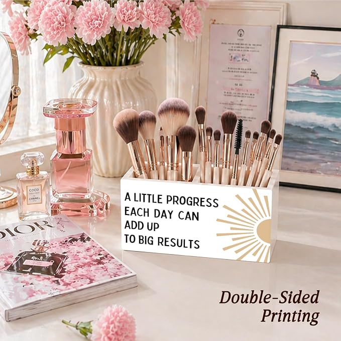 Boho Classroom Pen Pencil Holder for Desk, A Little Progress Each Day Can Add Up To Big Results Motivational Wooden Box Sign Decorations for Kids Room Bedroom Playroom Desk Tabletop