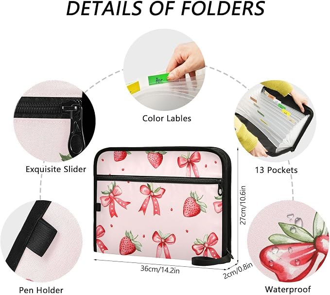 Expanding File Folder Strawberries Bows Pink Accordion File Organizer 13 Pockets Document Organizer with Zipper Labels A4 Letter Office Storage