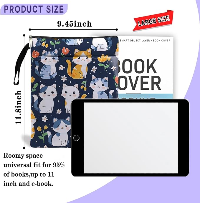 Cat Book Sleeve,Book Covers for Paperbacks,Book Sleeves with Zipper, Book Pouch Cat Lover Gifts for Women Teacher Daughter Graduation Birthday Gifts (White-Cat, Large)