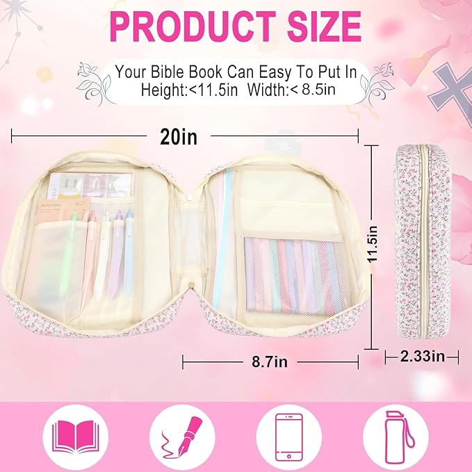 Zkptops Bible Cover Case for Women Girls Pink Large Bible Bag Cotton Quilted Floral Bible Carrying Case with Zipper Pocket and Handle Christian Carrying Book Cover for Christian Study Supplies