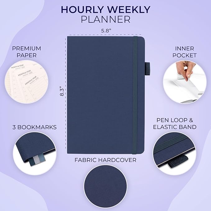 Skyline Hourly Weekly Planner – Undated Agenda & Daily Appointment Book – Time Blocking Notebook for Business Entrepreneurs, A5 (Navy Blue)
