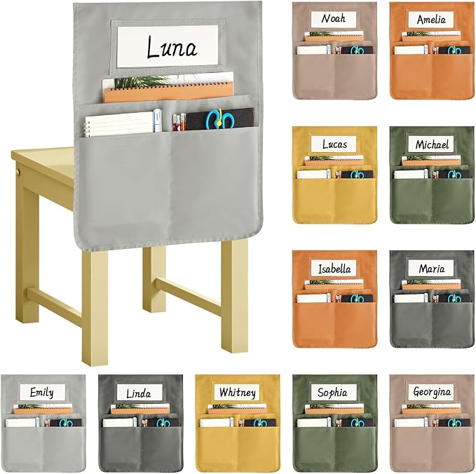 gisgfim 12 Pcs Chair Pockets for Classroom 16.7 x 19.3 Inch s with Name Tag Chairback 3 Pockets Chairs Seat Back Organizer for Elementary School Daycare Home Supply (Earth Color)