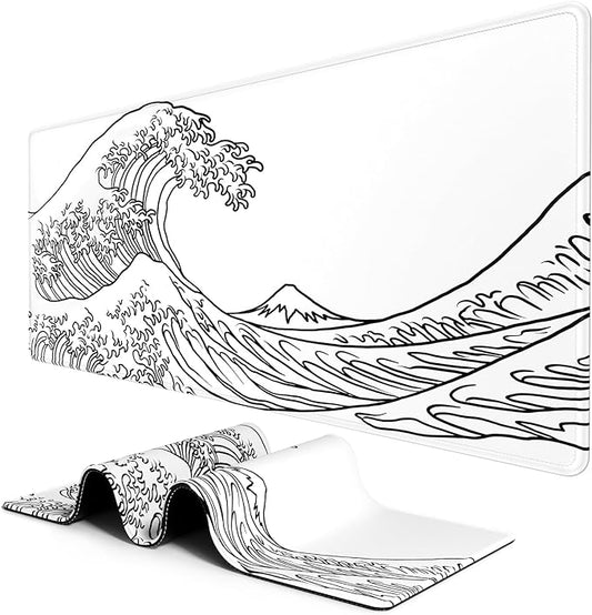BOSOBO Large Desk Mat, XXL Gaming Mouse Pad, Office & Home Full Cover 35.5 x 15.7 Inches, Art Kanagawa Surfing White