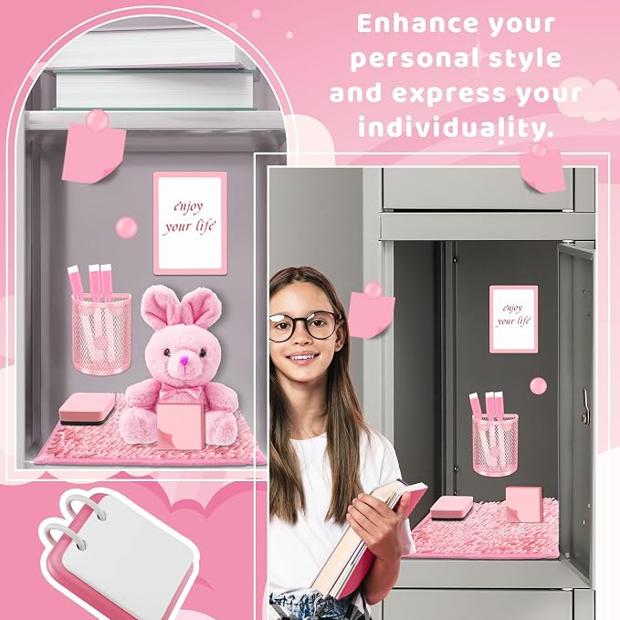Demonwer Locker Accessories With Locker Shelf Locker Mirror Magnetic Pen Holder Sticky Note Whiteboard Mat Pink Locker Organizer for Work Mesh Metal Shelf Accessories Kit for School Office Supplies