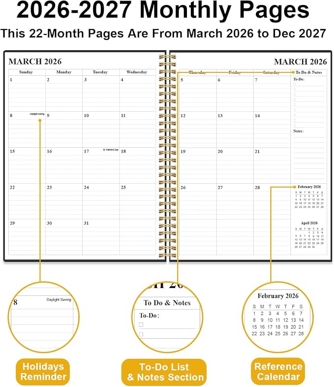 Monthly Planner 2026-2027 – Monthly Calendar from Julyl 2026 to December 2027, 18 Month Planner with Spiral Binding, Inner Pocket, Elastic Closure, 8.5" x 11", Black