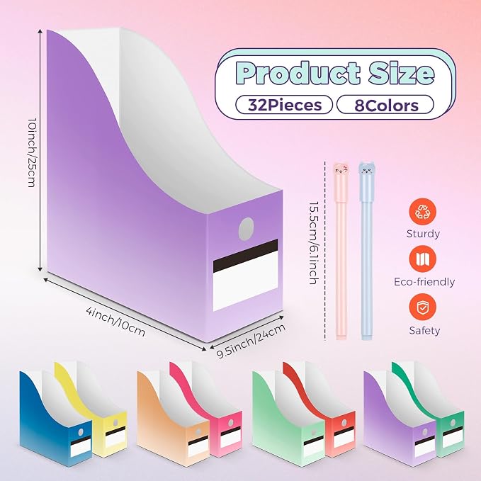 Jutom 32 Pcs Magazine File Holder Set Including Colored Foldable Desk File Holder Organizer White Label Stickers Cat Pen Cardboard Magazine Storage Box for Document School Office (Gradient,Classic)