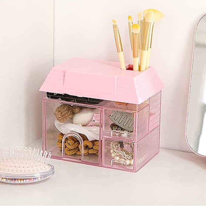 Desktop Shelf, Pink Playful Whimsical Desk Organizer with 3 Drawers, Desktop Storage Box Aesthetic Desk Organizer Table Top Mini Bookshelf for Home, School, Office