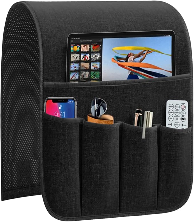 Armrest Organizer Non Slip Remote Control Holder Arm Chair Couch Caddy For Recliner Sofa Bedside With 5 Pocket Storage for Tablet Phone iPad (Black, W13" x L33")