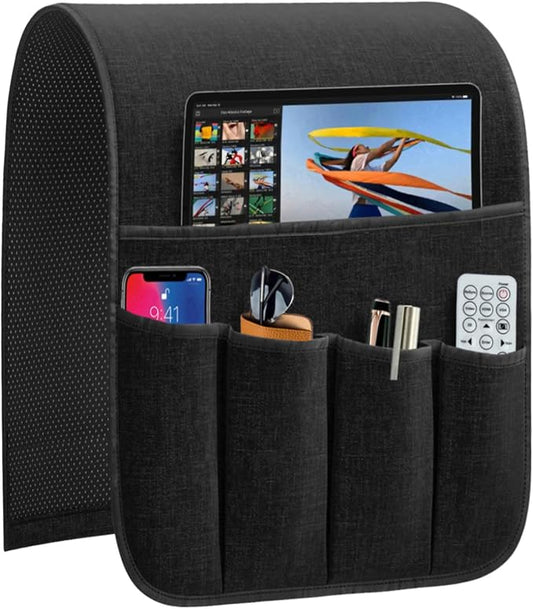 Armrest Organizer Non Slip Remote Control Holder Arm Chair Couch Caddy For Recliner Sofa Bedside With 5 Pocket Storage for Tablet Phone iPad (Black, W13" x L33")