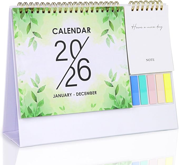 2026 Desk Calendar Small Standing Desktop Calendar (Jan-Dec. 2026) for Office Home Tabletop, 2026 Small Flip Calender with Writing Notepads and Sticky Notes, Green