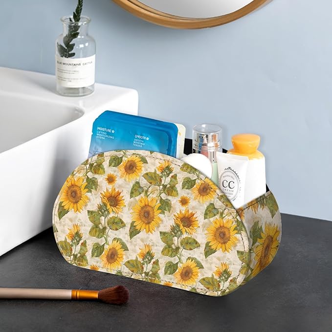 FUSURIRE Remote Control Holder with 5 Compartments, Vintage Sunflower Print Desktop Caddy Storage Supply Organizers for Remote Controllers,Office Supplies,Makeup Brush,Media Accessories
