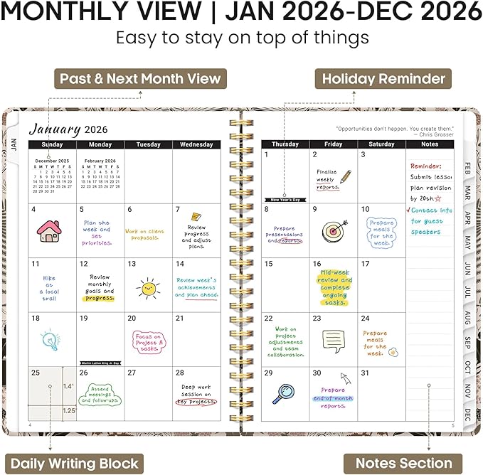 2026 Planner, Weekly and Monthly Calendar Planner Book, January 2026 - December 2026, Hardcover Spiral Planner with Monthly Tabs, Notes Pages, Perfect for Women & Men, A5 (6.4" x 8.5") - Owl