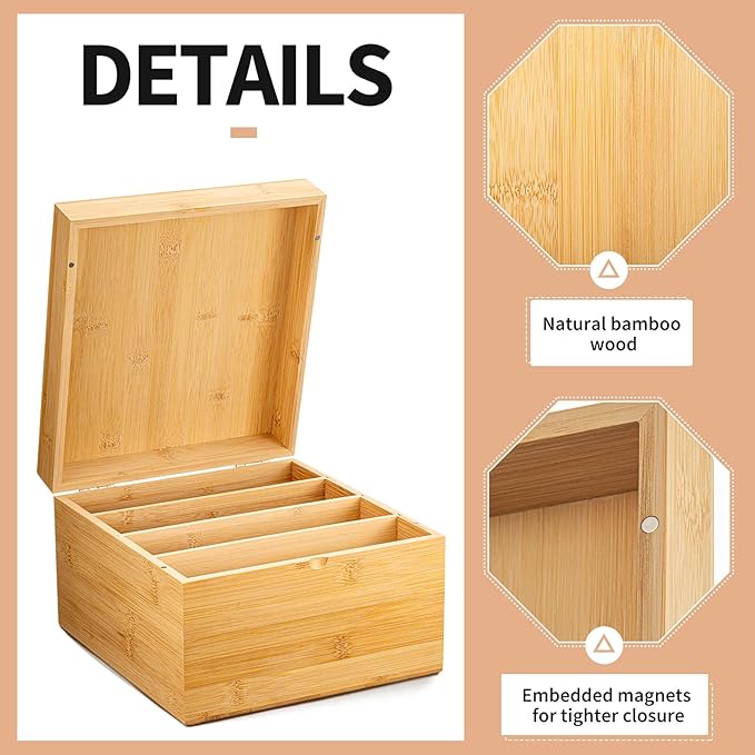 Henoyso 5 x 8 Inch Index Card Holder Set, Bamboo Organizer Box with 50 Dividers & 2 Sheets Alphabet Number Stickers File Note Holders, Holds 1200 Cards for Office Business Home Kitchen, Wooden Color