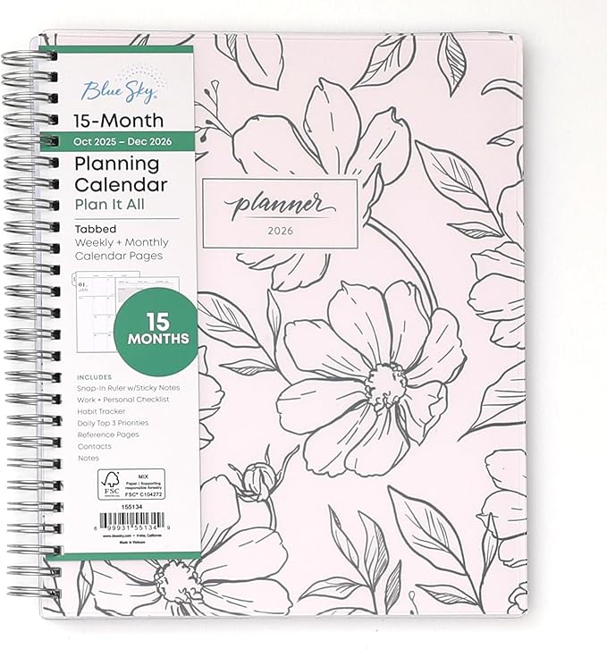 Blue Sky 15 Month 2026 Weekly and Monthly Planner Calendar, October 2025 - December 2026, 7" x 9", Flexible Cover, Durable Twin Wire Binding, Laminated Tabs, Includes Ruler & Sticky Notes, Wren