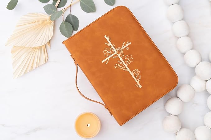 Bible Cover Case for Women – PU Leather Large Bible Case with Minimalist Debossed Design – Christian Bible Accessories for Girls & Women (Brown/Gold)