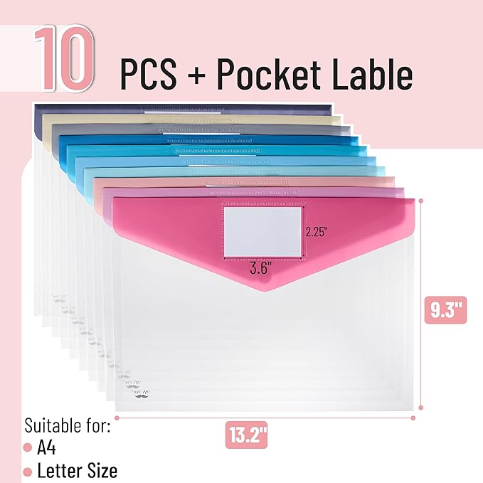 Mr. Pen- Clear Plastic Envelopes File Folders, 10 Pack, A4, Letter Size, Colorful Flaps, Clear Folders for Documents Plastic Poly Envelopes with Label for School, Home, Work, Office, Organizer