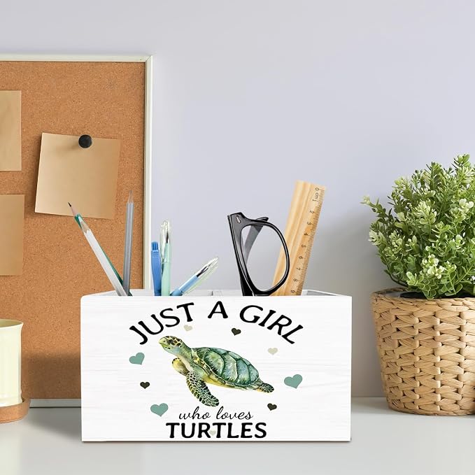 Coastal Beach Sea Turtle Pen Holder for Desk, Gifts for Turtle Lovers Pencil Organizer, Just a Girl Who Loves Turtles Wooden Box Sign Desk Decor for Home Office Decoration