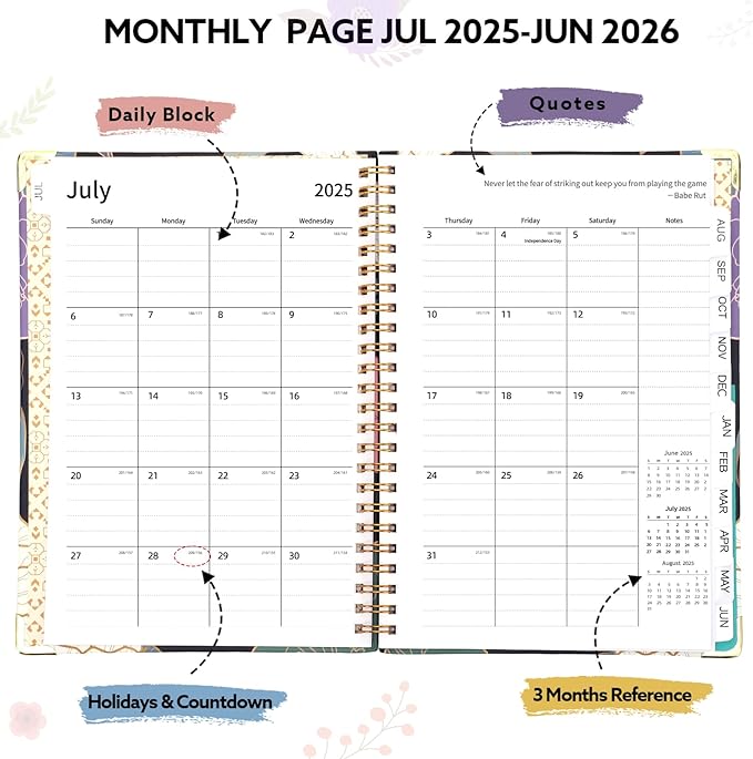 2025-2026 Academic Planner, A5 (6.5" x 8.5") Weekly and Monthly Planner, July 2025 - June 2026, Calendar Planner with Tabs, Inner Pocket for Home School Office Supplies, Blue Flower