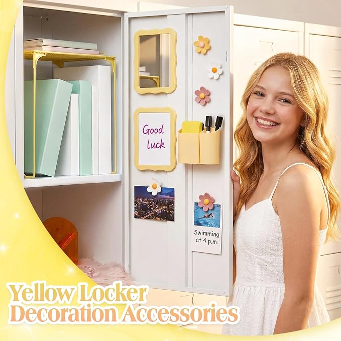 Colarr 16 Pcs Yellow Locker Accessories for Girls Includes Magnetic Whiteboard & Mirror Locker Shelf Pen Holder 2 Dry Erase Marker & Eraser 9 Flowers for Back to School Essentials Decoration