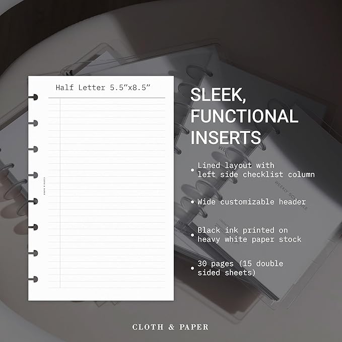Cloth & Paper Task Planner Inserts – Half Letter Size 5.5 x 8.5 Inches | 8-Ring To-Do List 15 double sided Daily Planner Organizer | Minimalist Design | Premium Paper for Notes & Reminders