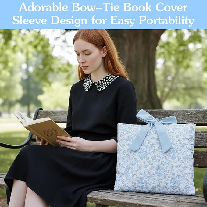 Quilted Bow Book Sleeve Washable Book Sleeve Pouch for Women Practical Gifts(Blue Floral)