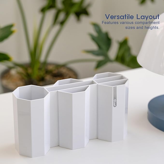 AonT Design Small Desk Organizer - White Pen Tray & Holder (Multi-Compartment) (Made in Korea) – Modern Office Storage Supplies Organizer and Aesthetic Decor for Accessories