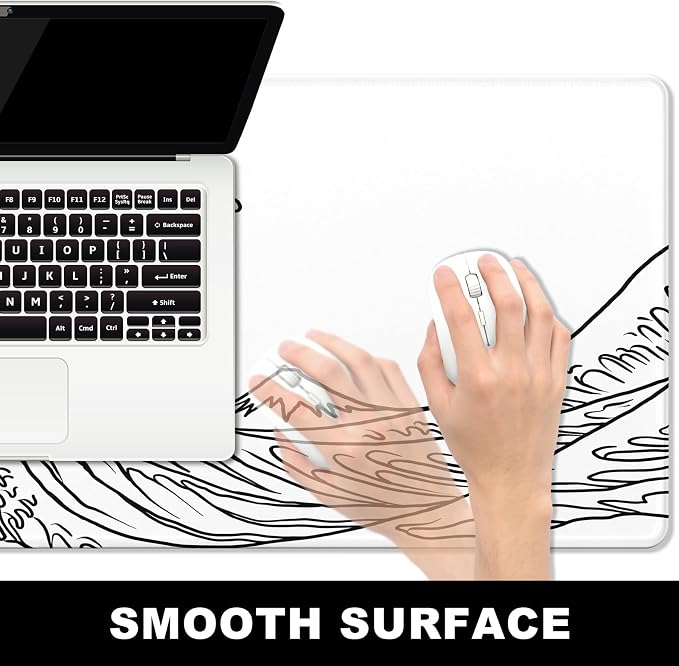 BOSOBO Large Desk Mat, XXL Gaming Mouse Pad, Office & Home Full Cover 35.5 x 15.7 Inches, Art Kanagawa Surfing White