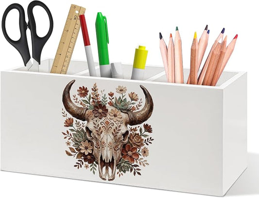 Boho Floral Western Bull Skull Pen Holder, Boho Western Office Pen Pencil Holder Organizer for Desk Accessories, Whimsical Bull Skull Wooden Box Desk Decor for Home Office Desk Decorations