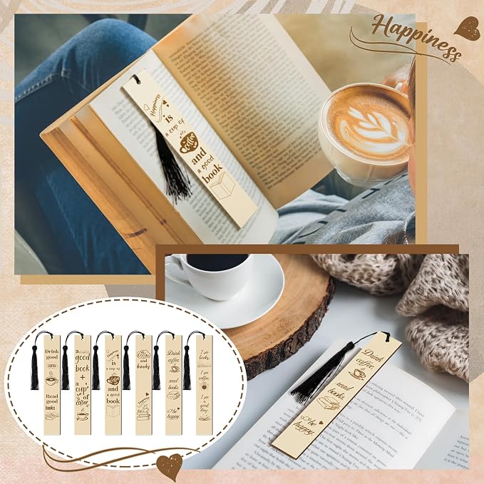Colarr 12 Pcs Wood Bookmarks for Woman Book Club Gift for Book Worms Books Lovers Bookmarks Bulk with Tassels for Reading Party Favors Books Exchange Club Men & Women Friends(Coffee)