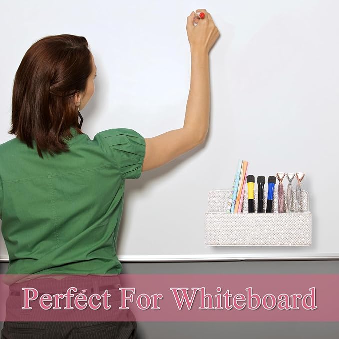 MotiMind White Locker Accessories for Girls, Bling Magnetic Pen Holder for Refrigerator, Back to School Rhinestone Marker Holder for Locker, Sparkly Gift for Student (Large,Pearl)