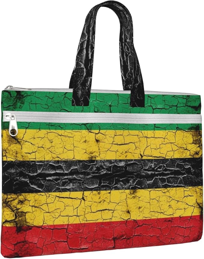 Foldable Canvas Zipper File Pouch Red Yellow Green Rasta Flag Stripes, Waterproof Document Storage Bag with Handle for Office Cross Stitch
