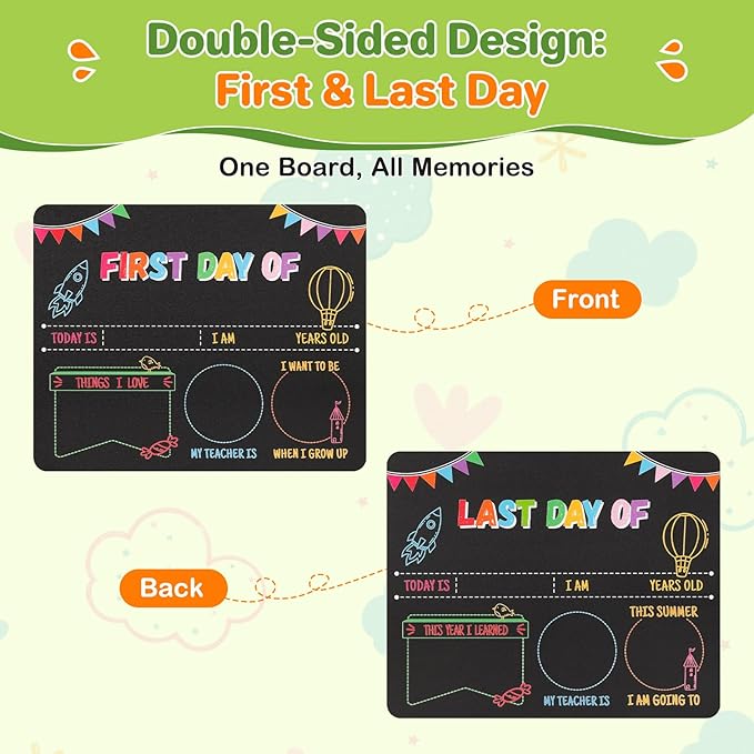 First Day of School Sign & Last Day Board - 11x14 Double-Sided Reusable Chalkboard with Markers - Back to School Gift Photo Prop for Kids Preschool Kindergarten Elementary Grades