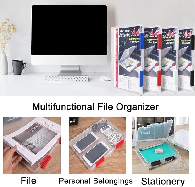 A4 Paper Holder Portable File Box Clear Plastic Document Case Waterproof Dustproof PP Storage Folder Magazine Filing Organizer Office/School Supplies - Pack of 4