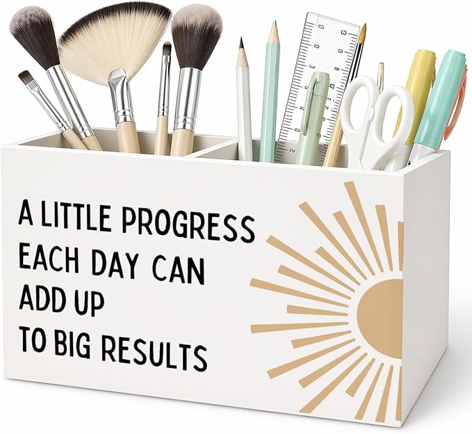 Boho Classroom Pen Pencil Holder for Desk, A Little Progress Each Day Can Add Up To Big Results Motivational Wooden Box Sign Decorations for Kids Room Bedroom Playroom Desk Tabletop