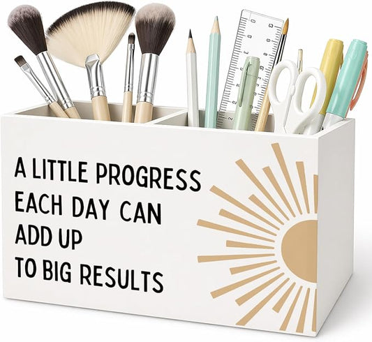 Boho Classroom Pen Pencil Holder for Desk, A Little Progress Each Day Can Add Up To Big Results Motivational Wooden Box Sign Decorations for Kids Room Bedroom Playroom Desk Tabletop
