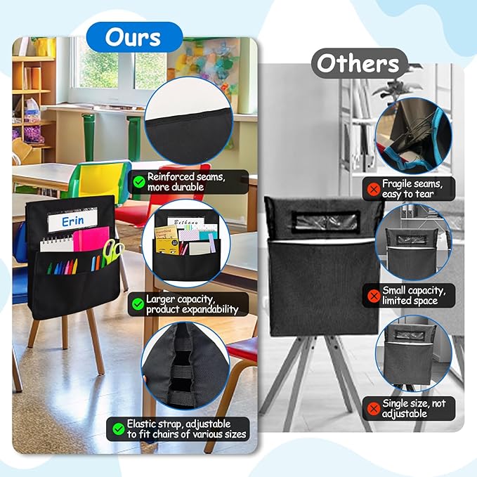 2 PCS Chair Pockets for Classrooms, Seat Pockets with Expandable Elastic Strap, Seat Sacks for Classroom Chairs with Name Tag, Back to School Supplies for Student Teacher Organizer (Black, 2 pack)