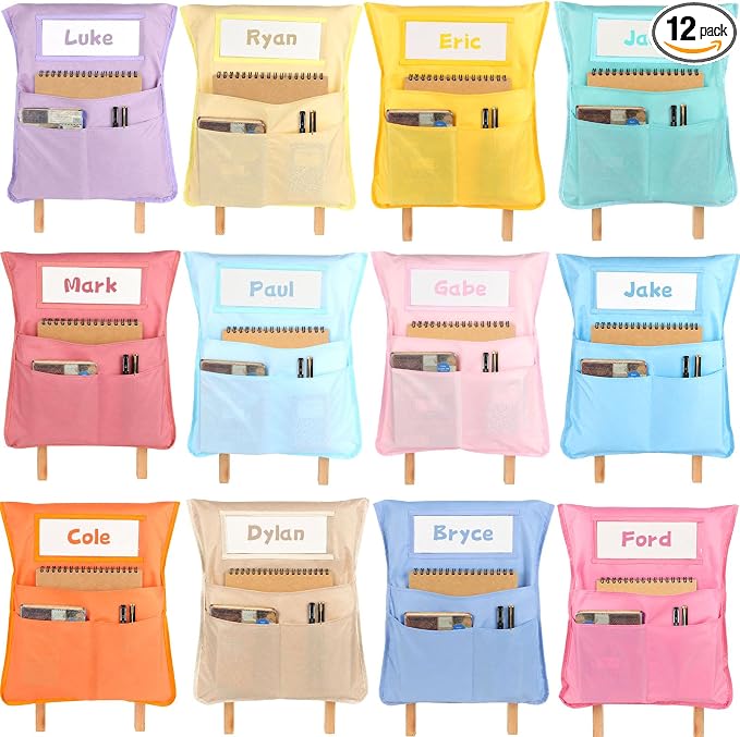 12pcs for Classroom 16.3x19.7inch Classroom Chair Pockets with Name Tag 3 Pockets Chair Organizer for Teacher Student School Office(Pink Purple)