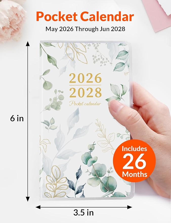 SUNEE Pocket Calendar May 2026 to June 2028 - Two Year Monthly Planner Small Calendar 3.5" x 6" Organizer for Daily & Yearly Schedule - Compact Agenda Notebook for School, Work, Women, Greenery