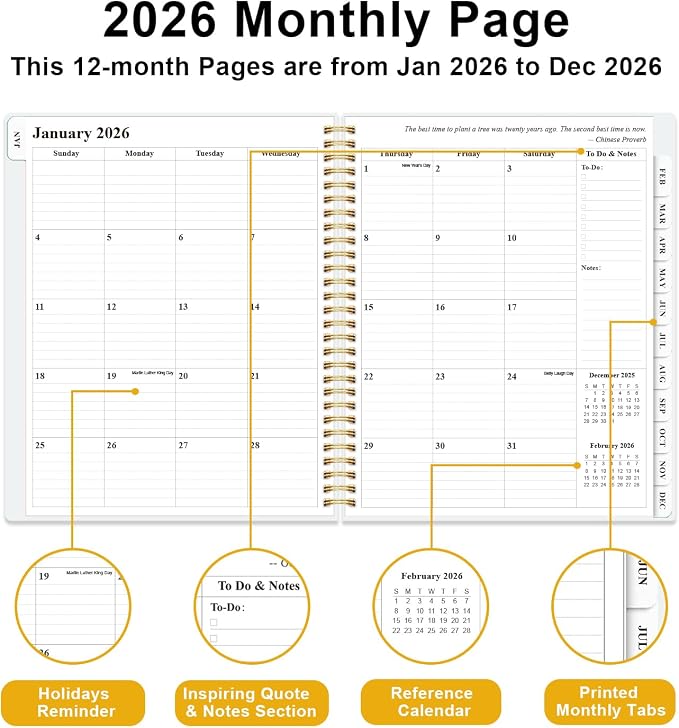 Planner 2026 - Weekly & Monthly Planner from January 2026 to December 2026, Agenda 2026 with Inner Pocket, Elastic Band, 8.5" x 11", Crushed Flower