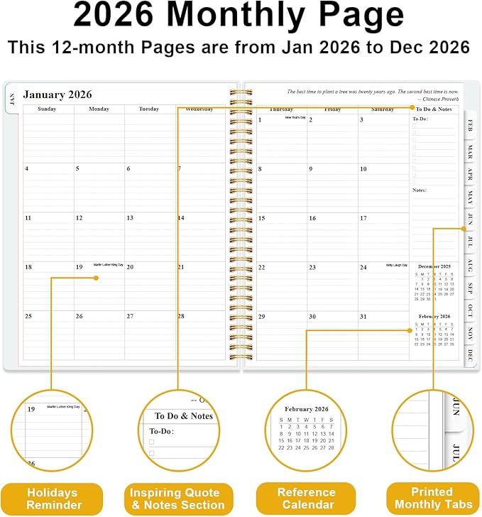 Planner 2026 - Weekly & Monthly Planner from January 2026 to December 2026, Agenda 2026 with Inner Pocket, Elastic Band, 8.5" x 11", Green Gold Leaf
