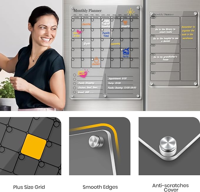 IDEATECH Calendar 2025 Planner for Fridge & Wall, Acrylic Magnetic Calendars for Refrigerator, Clear Monthly Dry Erase Board to Do List WhiteBoard, Kitchen Menu Board Meal Planner(2 Pack, Black)