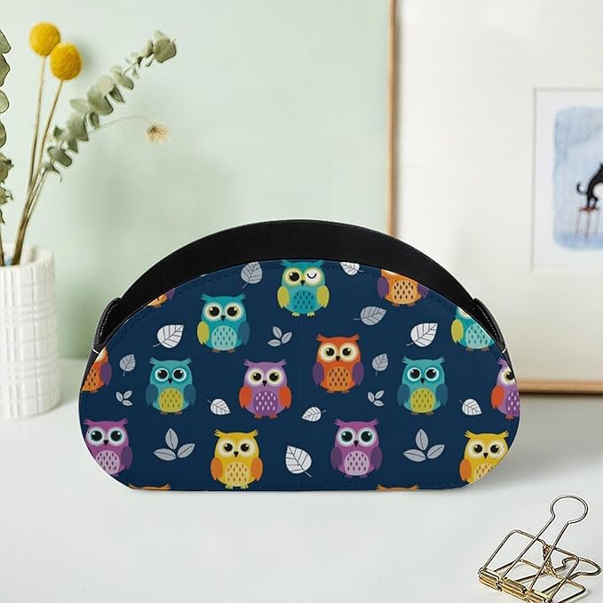 Desk Organizer and Remote Holder, 5-Compartment PU Leather Storage Box for TV Controllers, Office, and Home Supplies, Cute Owl