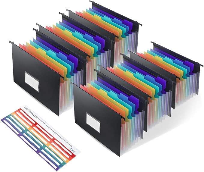 Expanding Hanging File Folders, Plastic Filing Cabinet Organizer 7 Pockets 1.2" Accordion Drawer Organizer Insert Filing Folders Dividers with Colorful Tabs, Letter Size 6 Packs